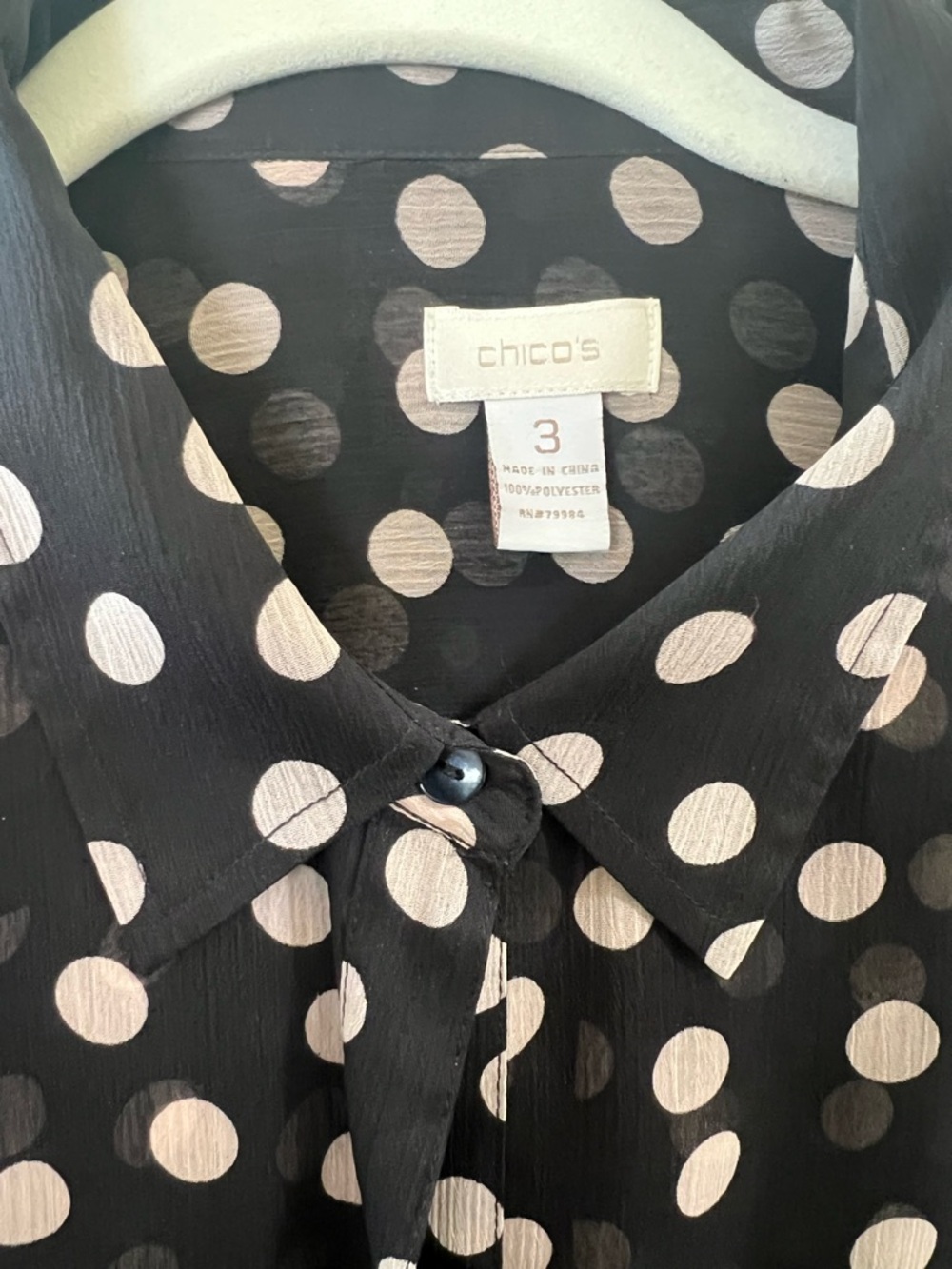 Chico's Black Shirt with Cream Polka Dots chicos size 3, sheer